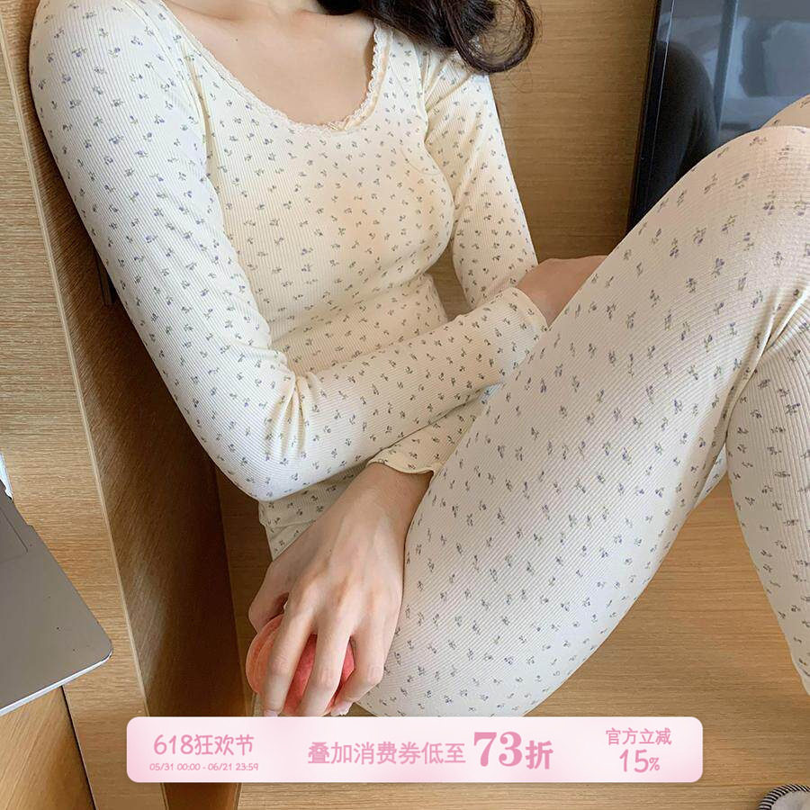 馨帮帮Bra 甜美碎花蕾丝圆领保暖内衣女秋冬薄款打底秋衣秋裤套装