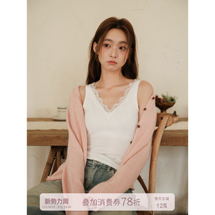 馨帮帮Bra 可外穿磨毛打底内衣 蕾丝V领螺纹吊带背心女带胸垫修身