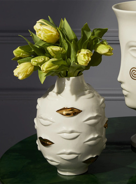 现货美国Jonathan Adler Gala嘴唇圆陶瓷器花瓶装饰摆件样板正品