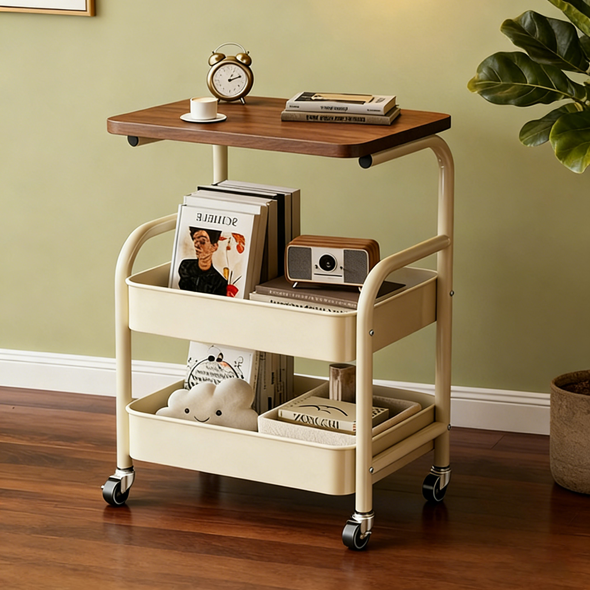 德国中古客厅可移动茶几小推车储物带轮卧室床边铁艺胡桃木收纳桌,住宅家具,移动边几/推车,淘宝优惠券,粉丝福利购,淘宝优惠卷