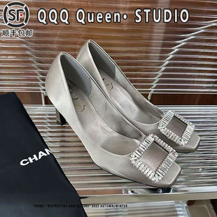 RV方头水钻细跟三十而已高跟鞋女2025秋季王漫妮同款绸缎鞋单鞋女