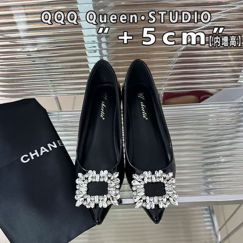 Right Video水钻单鞋女小个子漆皮尖头真皮法式平底鞋女5cm内增高