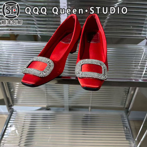 rv红色水钻方扣绸缎鞋女真皮2025秋季一脚蹬秀禾鞋气质婚鞋单鞋女