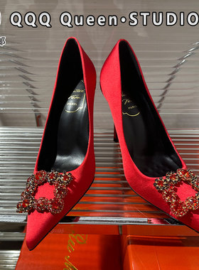 水钻方扣红色秀禾婚鞋女真皮2025秋季伴娘宴会气质10厘米rv高跟鞋