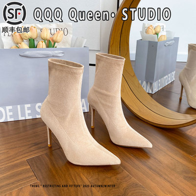 10cm弹力袜靴尖头短靴子细跟高跟鞋秋冬2026加绒尖头瘦瘦靴女绒面