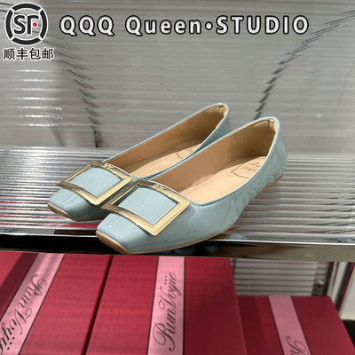 Rv烟灰蓝漆皮方扣平底单鞋真皮2025秋季一脚蹬配裙子通勤工作鞋女