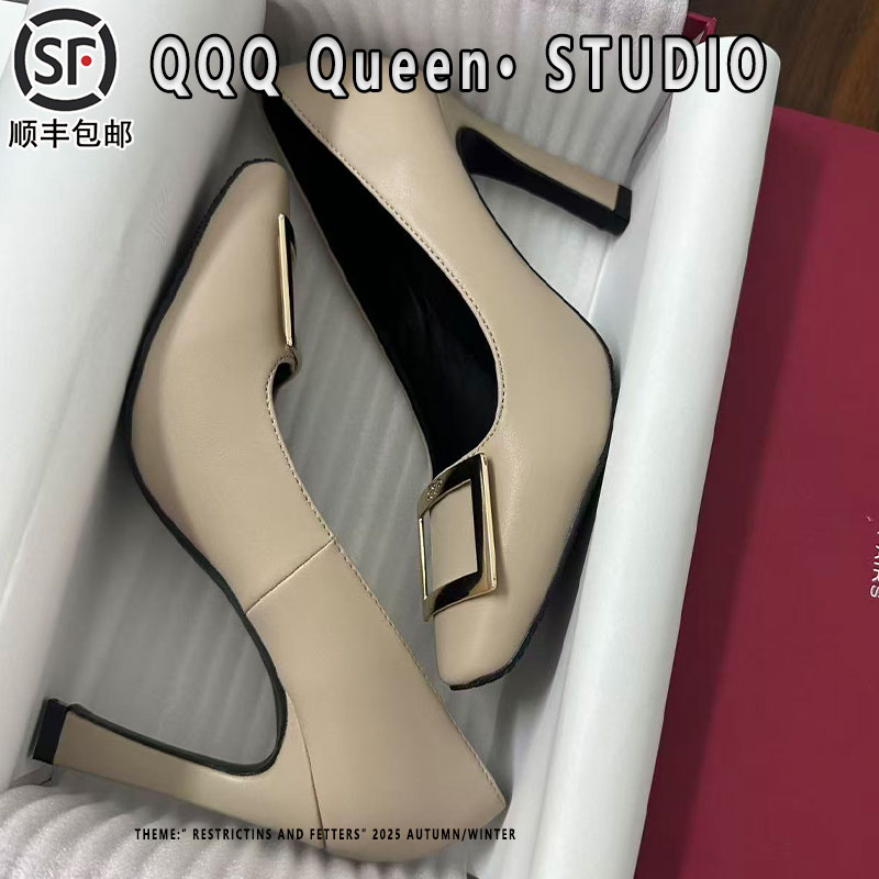 rv方扣高跟鞋女马蹄跟浅口真皮2025秋季方头通勤风细跟单鞋女加绒