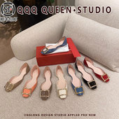 女 chips大象灰漆皮rv方扣中空单鞋 平底方头凉鞋 新款 2025夏季