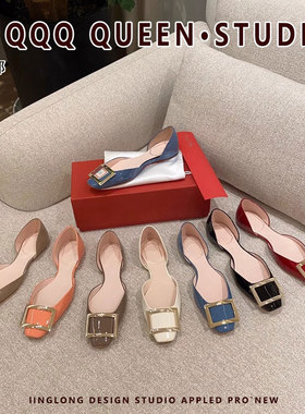 2025夏季新款 chips大象灰漆皮rv方扣中空单鞋女 平底方头凉鞋女