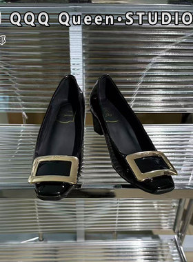 Right Video黑色漆皮粗跟5厘米单鞋女真皮通勤风浅口中跟高跟鞋女