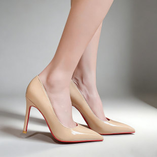 春秋漆皮性感气质名媛浅口细跟单鞋 裸色尖头红底高跟鞋 女2026新款