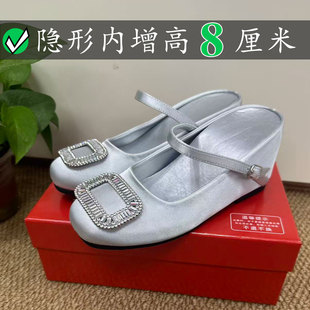 Right Video半拖水钻方扣包头拖鞋女浅口内增高穆勒rv凉鞋绸缎鞋