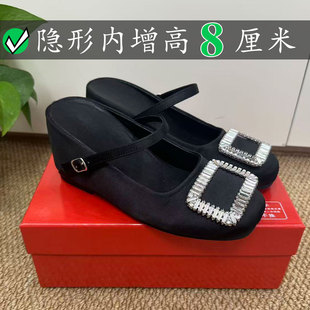 Right Video内增高8CM包头rv拖鞋女水钻方扣一字带小个子外穿凉拖