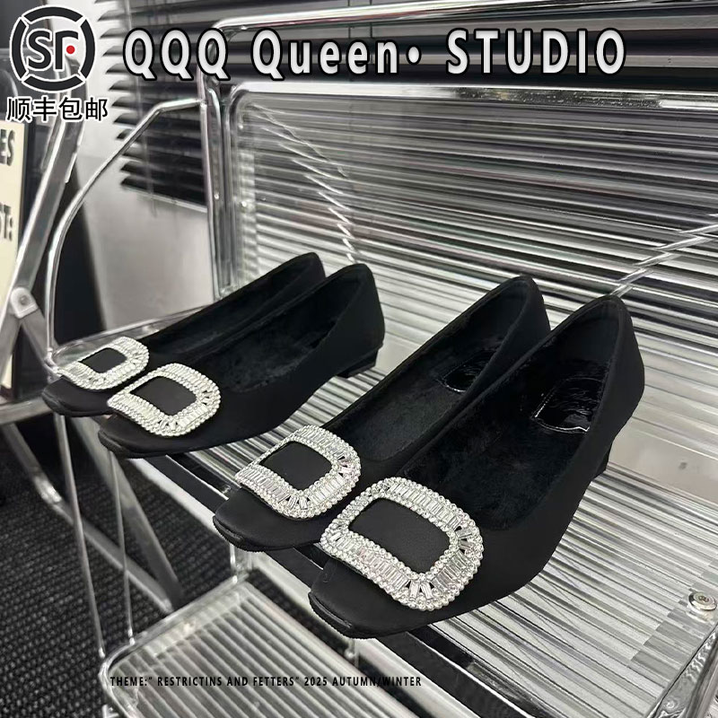 Right Video高跟鞋女保暖真皮2025秋季方头水钻方扣加绒绸缎鞋女