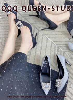 2025金闪闪红色婚纱女鞋rv尖头高跟鞋浅口水钻细跟礼服晚宴女单鞋