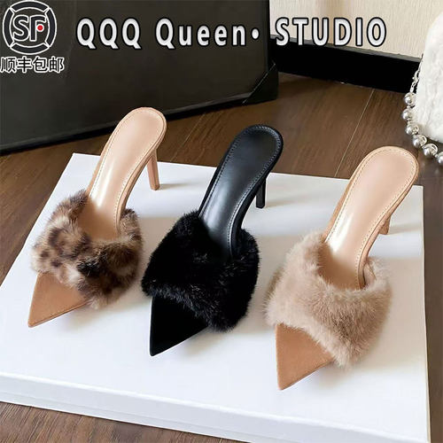 2025秋冬细跟毛毛高跟鞋女外穿