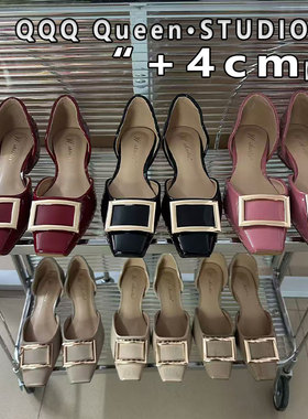 Right Video内增高方扣rv中空凉鞋女真皮法式温柔风4cm黑色单鞋女