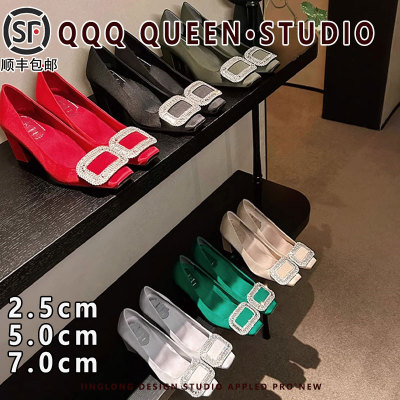 夏季新款RV丝绸缎水钻工作鞋高跟