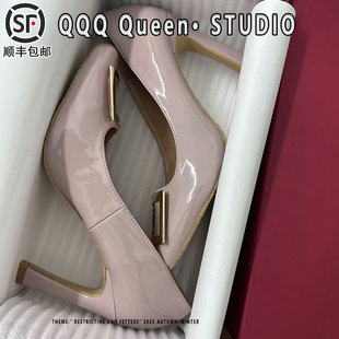 rv方扣高跟鞋女马蹄跟浅口真皮2025秋季方头加绒通勤风细跟单鞋女