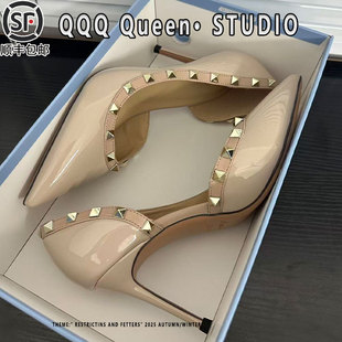 女真皮名媛风细跟10CM不累脚裸色单鞋 铆钉尖头高跟鞋 新款 2026春季