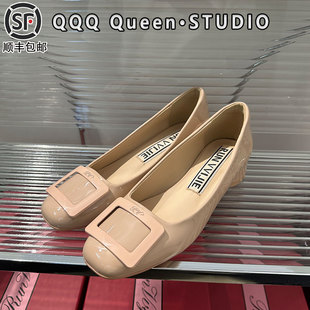 rv圆头玛丽珍鞋真皮2025秋季一脚蹬裸色粗跟单鞋通勤方扣工作鞋女