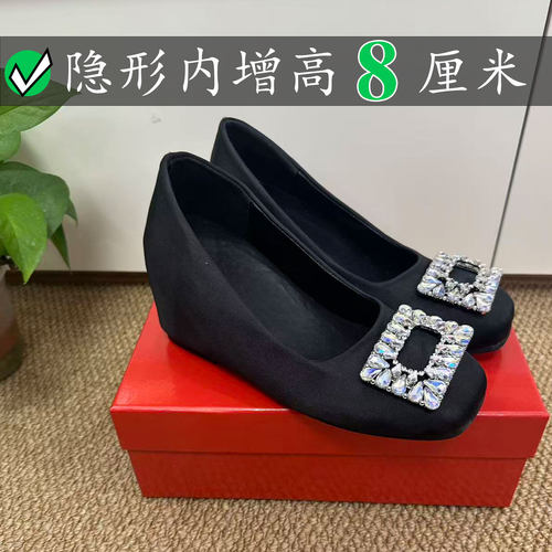 Right Video法式8厘米水钻方扣浅口rv单鞋女内增高玛丽珍鞋女百搭
