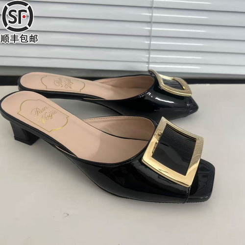 Right Video凉鞋夏季百搭露趾方扣粗跟鱼嘴方头马蹄跟外穿拖鞋女