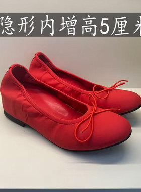 宅女同款5CM红色蛋卷鞋芭蕾风摇摇鞋女蝴蝶结玛丽珍鞋内增高单鞋