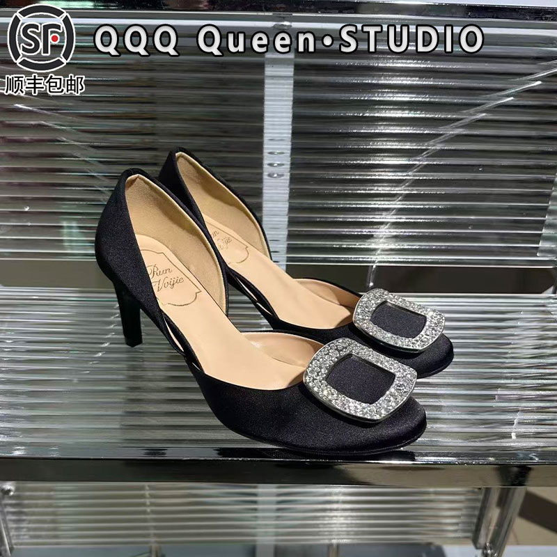 Right Video琮瑷同款rv方扣高跟凉鞋女真皮2025秋一脚蹬绸缎单鞋