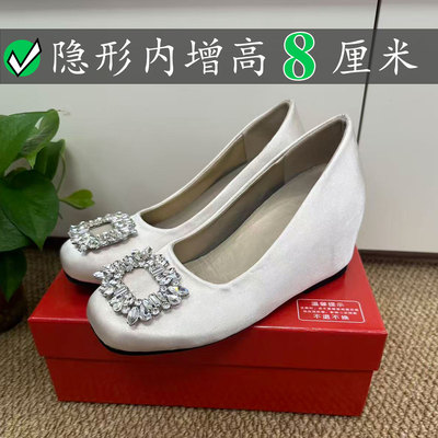Right Video水钻雪花扣绸缎鞋方头女平底内增高8cm浅口rv玛丽珍鞋