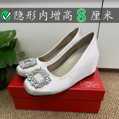 Right Video水钻雪花扣绸缎鞋方头女平底内增高8cm浅口rv玛丽珍鞋