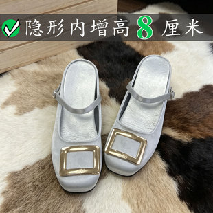 小个子内增高8厘米包头拖鞋女夏季外穿水钻方扣rv绸缎鞋穆勒凉鞋