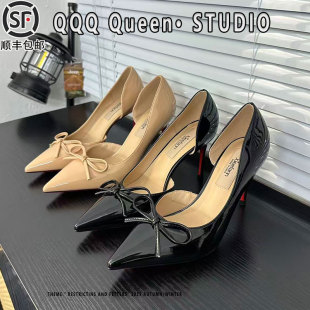 裸色细跟蝴蝶结高跟鞋 漆皮尖头浅口女百搭侧空名媛不累脚红底凉鞋