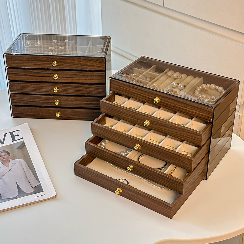 五层首饰盒高档胡桃木纹抽屉盒子