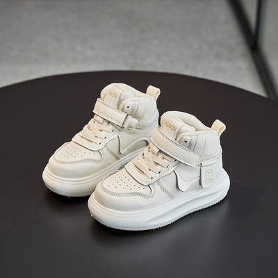 女童高帮板鞋2025秋冬季新款加绒男童小白鞋儿童运动鞋中大童鞋子