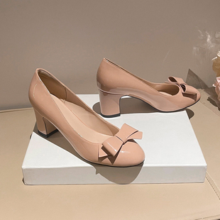 粗跟圆头高跟鞋2025新款裸色法式温柔圆头蝴蝶结琮媛同款高跟单鞋