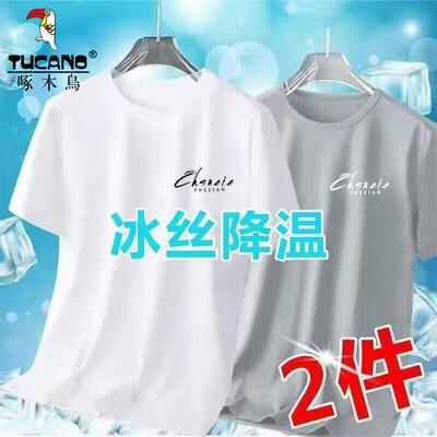 啄木鸟冰丝速干印花短袖体恤衫男士夏季休闲网眼运动宽松圆领t恤