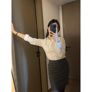 大可自制 通勤风白色长袖衬衫女修身职业装ol风上衣