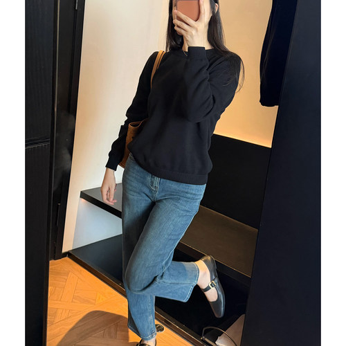 大可自制黑色圆领宽松套头毛衣女