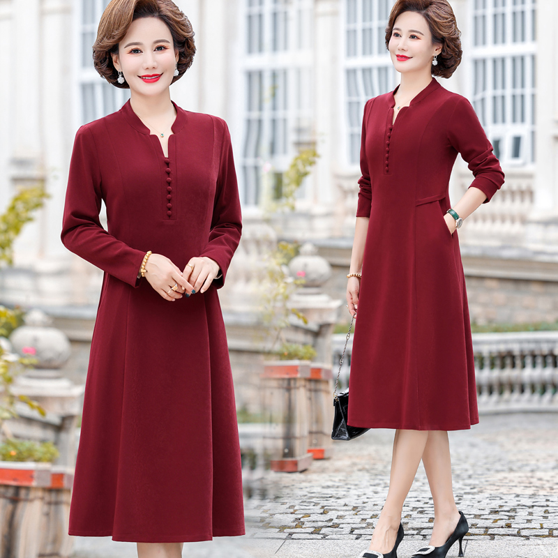 中老年女装春秋长袖连衣