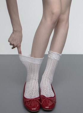 SS2L春夏法式镂空蕾丝提花芭蕾少女风薄款网眼透气中筒袜子女韩系