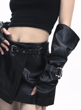 SS2L新款极简暗黑机能风皮质无孔绑带银扣时尚个性造型潮流手套