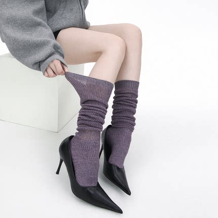 SS2L秋冬竖纹双针羊毛混色微透miu系高级感过膝保暖长筒袜堆堆袜