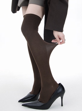 SS2L秋冬纯色格雷系美拉德棕miu系极简微透显瘦过膝长筒袜女ins