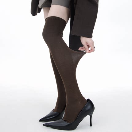 SS2L秋冬纯色格雷系美拉德棕miu系极简微透显瘦过膝长筒袜女ins