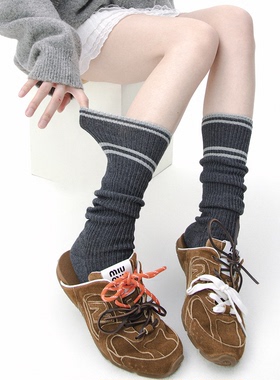 SS2L秋冬极简双针miu系条纹长筒袜子女百搭棉质小腿袜堆堆袜日系