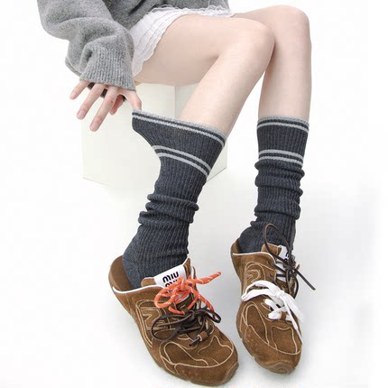 SS2L秋冬极简双针miu系条纹长筒袜子女百搭棉质小腿袜堆堆袜日系