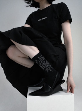 SS2L暗黑哥特风格小众设计蜘蛛网华丽点钻纯棉中筒袜子男女ins潮