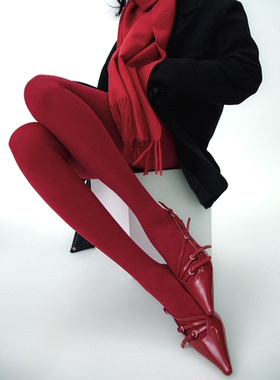 SS2L秋冬时尚辣妹风哑光天鹅绒本命年圣诞红丝袜连裤袜女ins潮流