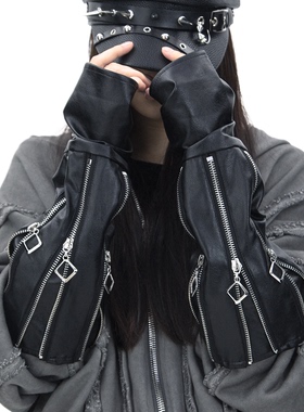 SS2L原创新款暗黑朋克风银色多条拉链小众时尚造型百搭皮手套